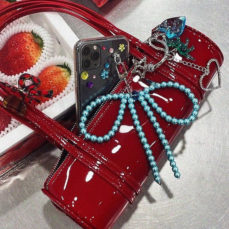 White Beaded Bowknot Phone Pendant Fashion Mobile Phone Bag Charm Decor - Image 5